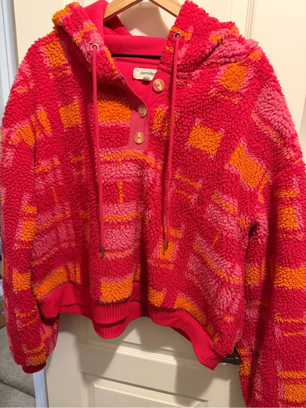 Anthropologie Porridge Cozy Sherpa Hoodie in Hot Pink & Orange 1X Plus Size
